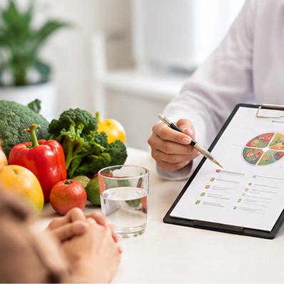 Doctor explaining nutritional information on a tablet